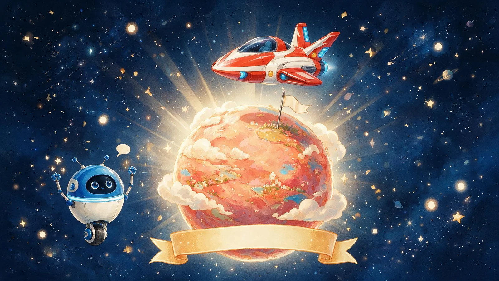 飞船悬停在一颗云朵星球上方，星球下方是一条金色绶带
