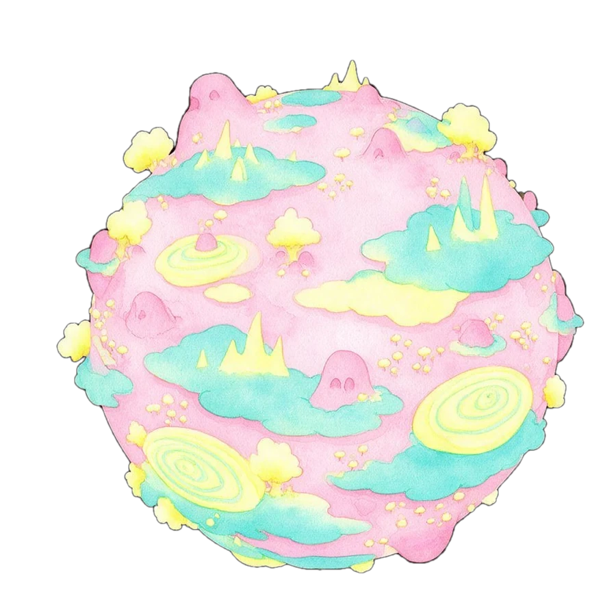 粉色彩虹星球，表面有薄荷色湖泊和糖霜